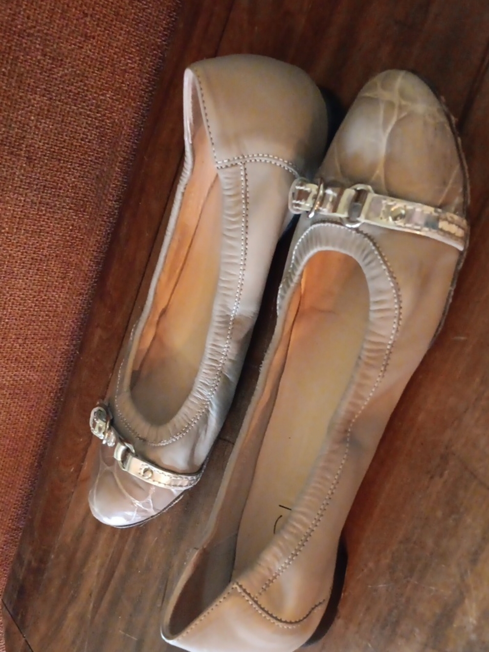 AGL Taupe Leather Quilted Ballet Flats with Metallic Buckle